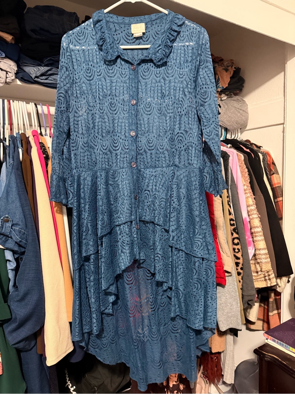 Wren & Ivory Blue Lace High-Low Button Front Dress